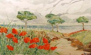 paesaggio-con-pini-e-papaveri acquerello